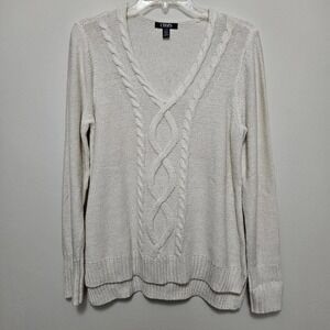 Vintage Ralph Lauren Chaps Womens Cable Knit Sweater Vneck Ivory w Sparkle Large